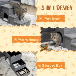 Scari de pat pentru caini, Scari pentru animale de companie cu 3 trepte, cu casuta pentru pisici si 2 cutii de depozitare, Rampa 3 in 1 pentru caini cu perna din plus lavabila, gri deschis - Img 5