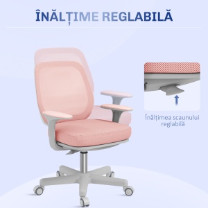 Scaun Birou Ergonomic, Respirabil, cu Inclinare, 5 Roti, Inaltime Reglabil, 55x48x82.5-94.5 cm, Roz - Img 5