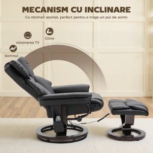 Scaun cu Puf Suport pentru Picioare și Funcție de Masaj, Reclinabil la 145° și Rotativ la 360°, Negru - Img 5