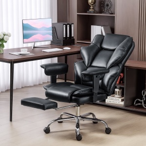 Scaun de birou cu suport pentru picioare și tetieră, din piele PU, spumă și metal, 76x73x117-125 cm, negru - Img 2