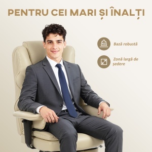 Scaun de birou cu suport pentru picioare și tetieră, din piele PU, spumă și metal, 76x73x117-125 cm, crem - Img 6