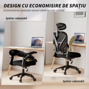 Scaun de Birou Ergonomic cu Brațe Rabatabile și Spătar Pliabil, Scaun pentru Birou cu Funcție de Balansare, Tetieră Reglabilă, Rotativ, Negru - Img 7
