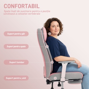 Scaun de birou ergonomic cu brațe reglabile, suport pentru picioare și tetieră, roz - Img 5