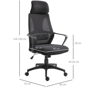 Scaun de Birou Ergonomic cu Brațe și Tetieră Reglabilă, Scaun Pivotant cu Suport Lombar, 64x55x116-126 cm, Negru - Img 3