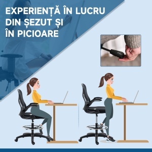 Scaun de Birou Ergonomic, Scaun Rotativ din Plasă, Reglabil pe Înălțime cu Suport pentru Picioare și Cotiere Rabatabile, Capacitate 120kg, Negru - Img 5
