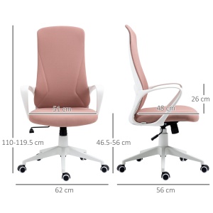 Scaun de birou ergonomic și căptușit, cu înălțime ajustabilă și balans, 62x56x110-119,5 cm, roz - Img 3