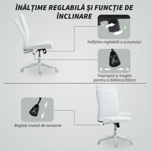 Scaun de Birou Ergonomic și Reglabil cu Spătar Curbat, din Piele PU și Oțel, 58x53x97-107 cm, Alb - Img 7