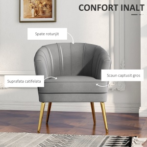 Scaun de Efect din Material Textil, Fotoliu din Catifea, Fotoliu Modern pentru Camera de Zi cu Picioare Metalice Aurii si Captuseala Groasa pentru Dormitor, Gri - Img 4