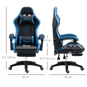 Scaun de gaming din piele ecologica PU si otel cu inaltime reglabila si spatar inclinabil, 65x65x121-129 cm, albastru si negru - Img 3