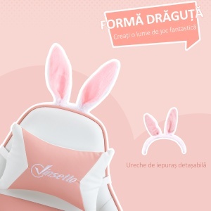 Scaun de Gaming Ergonomic cu Urechi de Iepure și Suport pentru Picioare Extensibil, 65x63x136-142 cm, Roz - Img 4