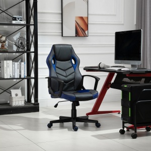 Scaun de Gaming Fotoliu de Birou Rotativ cu Roti din Piele ecologica Negru si Albastru - Img 2