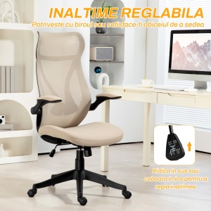 Scaun Ergonomic de Birou cu Brațe Rabatabile, Tetieră, Înălțime Reglabilă și Funcție de Leagăn, 66x66x121 cm, Bej - Img 6
