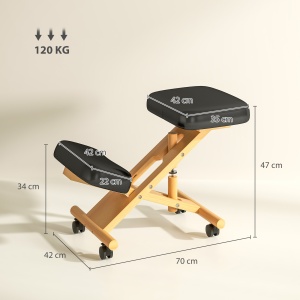 Scaun Ergonomic pentru Genunchi cu Înălțime Reglabilă din Lemn cu Rotile, 42x70x42-52 cm, Negru - Img 3