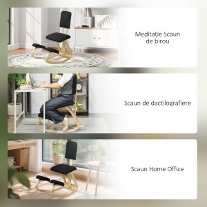 Scaun Ergonomic pentru Genunchi din Țesătură cu Aspect de In și Lemn de Mesteacăn, Negru - Img 7