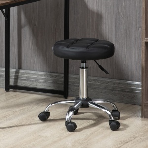 Scaun Rotativ cu Roti, Rotund, Scaun pentru Coafor și Estetician cu Înălțime Ajustabilă, Tapițat în Piele Ecologică, Ø35.5x51-67 cm, Negru - Img 2