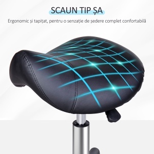 Scaun Rotativ cu Roți, Scaun pentru Coafor și Estetician cu Înălțime Ajustabilă, Tapițat cu Piele Ecologică, 35x38x43-55 cm, Negru - Img 6