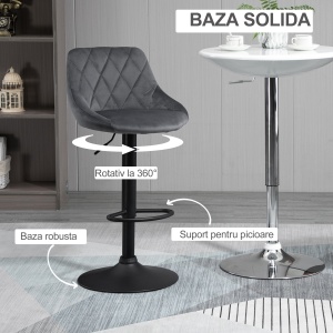 Scaune Bar x2 – Pivotante, Gri Catifelat, inaltime Reglabila - Img 5
