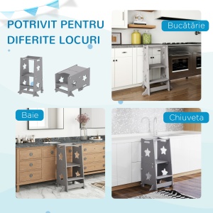 Scăunel 2 în 1 pentru Copii cu Bară de Siguranță pentru Bucătărie, Baie, Alb - Img 7