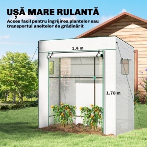 Sera de Grădină cu Acoperiș Înclinat, 2 Ferestre și Ușă Rulabilă, Sera pentru Grădină cu Structură din Oțel, Acoperiș din PE Anti-UV, pentru Grădină, Legume, Flori, Plante, 196x77x197 cm, Alb - Img 5