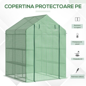 Sera de gradina cu rafturi, protectie din PE si usa care se ruleaza, 143L x 138l x 190H cm, verde - Img 4