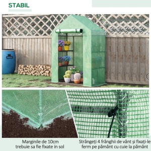 Sera de Gradina din Otel si Plastic PE cu 4 Rafturi, Franghii si Tarusi Inclusi, 141x72x191 cm, Verde - Img 5