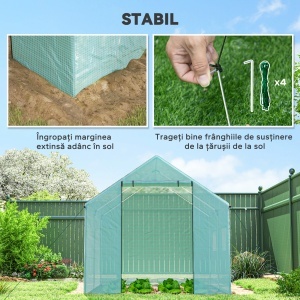 Seră de Grădină Tip Tunel 2x3x2 m cu Uși și Ferestre Rulabile, Seră pentru Grădină cu Acoperiș Înclinat, Structură din Oțel și Acoperire PE, pentru Legume, Flori, Fructe, Anti-UV, Verde - Img 6
