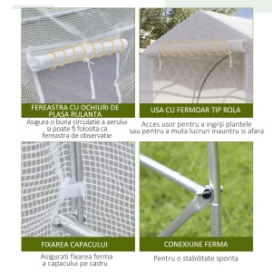 Seră Tip Tunel Anti-UV cu 6 Ferestre cu Plasă și Intrare Rulabilă, Metal și PE, 4x2x2 m, Alb - Img 6