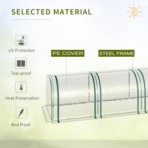 Sera tip tunel din otel si folie PVC impermeabila si anti-UV cu 4 usi cu fermoar, 395x100x80 cm, verde inchis si transparenta - Img 5