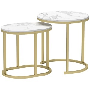 Set 2 Măsuțe de Cafea cu Blat cu Efect de Marmură din MDF și Oțel, Ø50x50.5 cm și 60x36x43.5 cm, Alb și Auriu