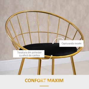 Set 2 Scaune Inalte, Suport pentru picioare, Perna de catifea, Poliester/Metal, 52.5x47x97cm, Negru/Auriu - Img 6