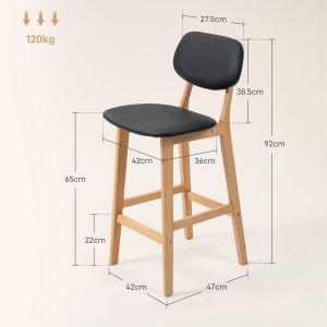 Set 2 Taburete cu Spătar și Tapițerie din Piele Artificială, Taburete Înalte din Lemn, 42x47x92 cm, Natural și Negru - Img 3