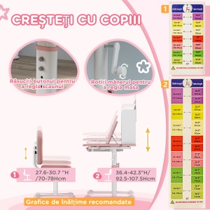 Set Birou pentru Copii 3-12 Ani Reglabil pe Înălțime și Blat Înclinabil la 45°, 80x55x107.5 cm, Culoare Roz - Img 5