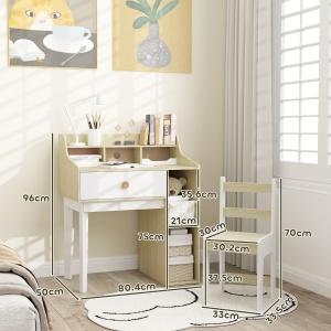 Set Birou pentru Copii cu Raft de Depozitare, Sertar și Scaun din Lemn, 80,4x50x96 cm, Alb - Img 3
