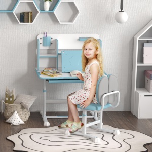 Set Birou și Scaun pentru Copii 3-12 Ani, Reglabil pe Înălțime cu Blat Înclinabil 0-45° 80×55×107,5 cm, Albastru - Img 2
