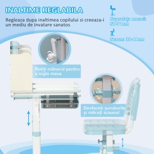 Set Birou și Scaun pentru Copii Reglabile, Inclinabilă la 60° cu Sertar, Rafturi și Suport, 3+ Ani, Albastru - Img 5