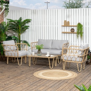 Set canapea din ratan PE din 4 piese, Seturi de mobilier de conversatie pentru gradina impletite, cu impletitura rotunda, cu perne groase capitonate si masuta cu sticla pentru balcon - Img 2