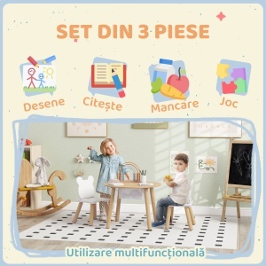 Set cu Masă și 2 Scaune pentru Copii cu Spătar în Formă de Ursuleț, Masă cu Spațiu de Depozitare, Alb și Lemn - Img 6