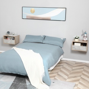 Set de 2 Noptiere Suspendate cu Sertar si Etajera 45x35x27.5cm - Gri/Culoare Lemn - Img 2