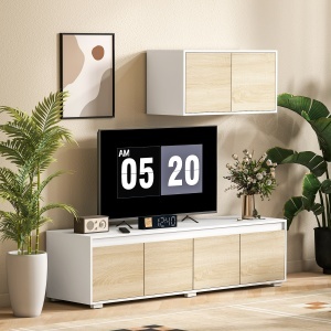 Set de 2 Piese pentru Televizor cu Dulap de Perete, Unitate de Divertisment Independenta pentru Televizoare de 70 de inci, cu Rafturi Reglabile si Gauri pentru Cabluri, Natur - Img 2