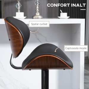 Set de 2 Scaune de Bar cu Spătar Reglabil pe Înălțime, Lemn și Piele Ecologică, 53x52x92-112 cm, Negru - Img 6