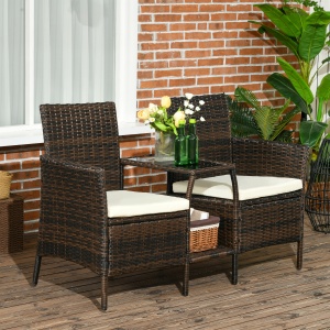 Set de 2 Scaune din Ratan cu Măsuță de Ceai, Canapea pentru 2 Persoane pentru Exterior cu Perne, 38x60x87 cm, Maro - Img 2