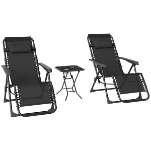 Set de 2 Șezlonguri de Grădină cu Gravitație Zero și Măsuță cu Suport pentru Pahare, 47x47x54 cm, Gri