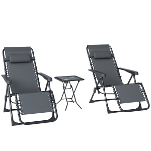 Set de 2 Șezlonguri de Grădină cu Gravitație Zero și Măsuță cu Suport pentru Pahare, 47x47x54 cm, Gri