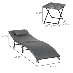 Set de 2 Sezlonguri Pliabile, Sezlong de Gradina din Ratan cu Perne Detasabile Lavabile si Masa Pliabila, Gri - Img 3