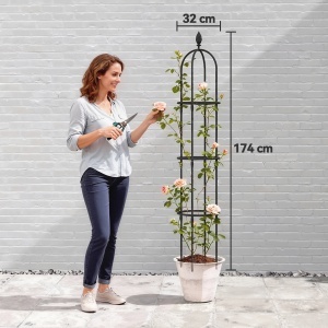 Set de 2 Suporturi pentru Plante Cățărătoare înalte de 1,74 m, Suporturi din Oțel cu Decorațiuni, pentru Trandafiri, Roșii, Flori, Mazăre și Legume, Negru - Img 3