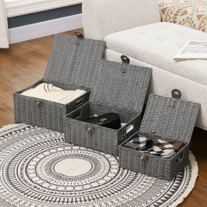Set de 3 cosuri din rachita PP cu capac, containere dreptunghiulare de diferite dimensiuni, gri - Img 7