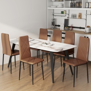 Set de 6 Scaune de Dining Moderne cu Spătar Înalt, din Piele Ecologică și Oțel, 41x50x97 cm, Maro - Img 8