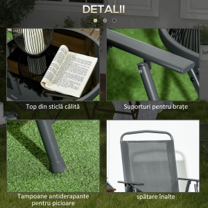 Set de Exterior din 3 Piese cu Masă cu Blat din Sticlă și 2 Scaune Pliabile din Plasă, Ф45x50 cm, Gri Deschis - Img 7