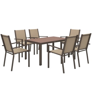 Set de Grădină din 7 Piese cu Masă din Plastic-Lemn și 6 Fotolii Stivuibile cu Șezut și Spătar, 150x90x73 cm, Maro - Img 1