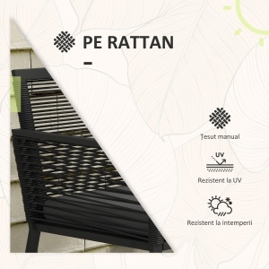 Set de Mobilier de Grădină din 3 Piese din Ratan, Set cu Masă din Sticlă Securizată și Perne Moi, 53x57x77 cm, Negru - Img 6